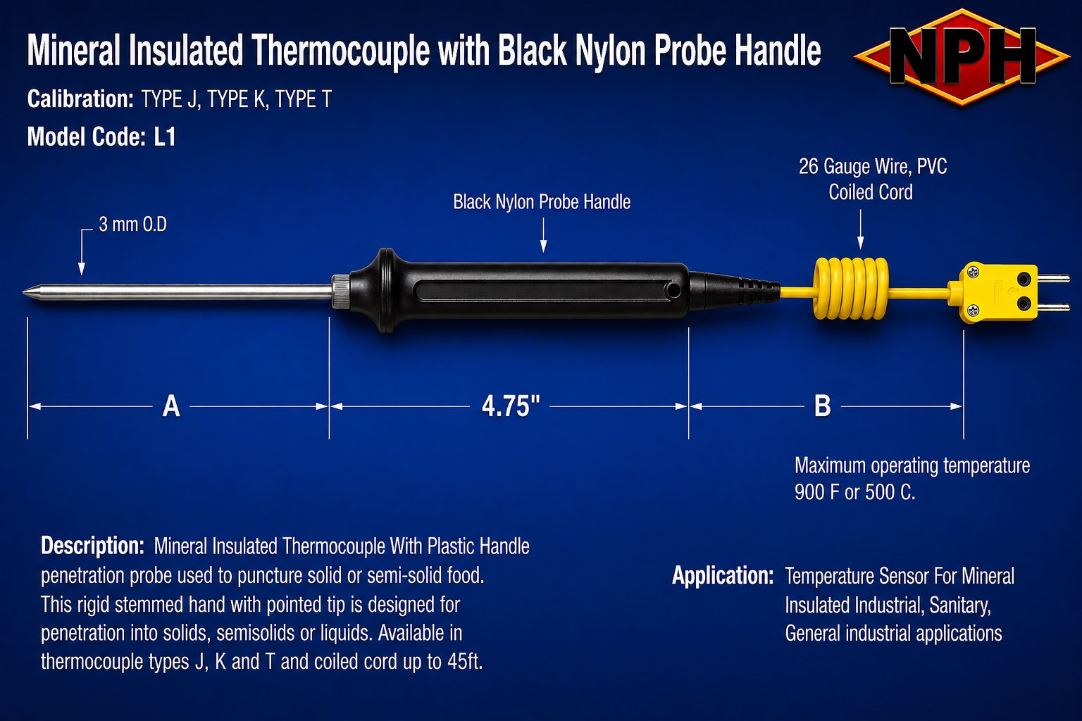 NPH Mineral Insulated Thermocouple With Plastic Handle-L1